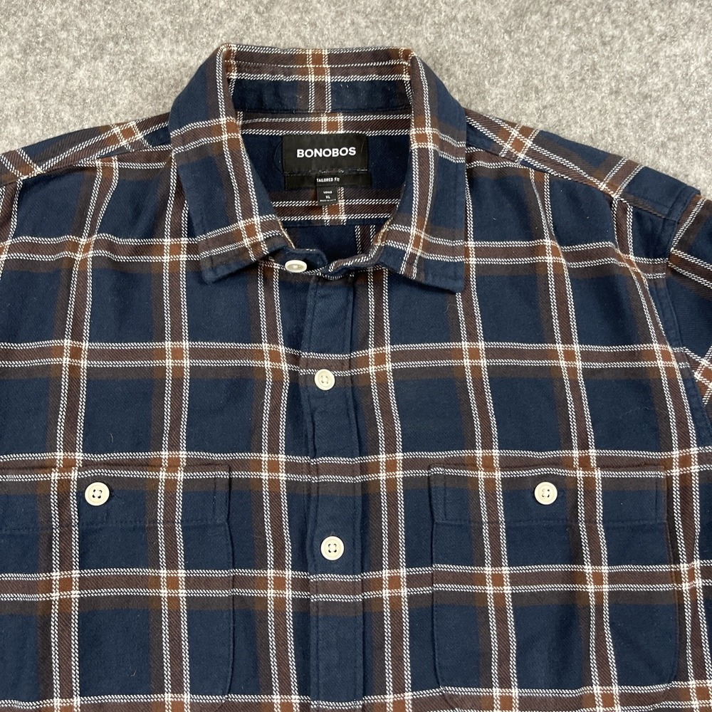 Bonobos Flannel Shirt Tailored Slim Fit Mens XL Navy Plaid Cabincore Gorpcore